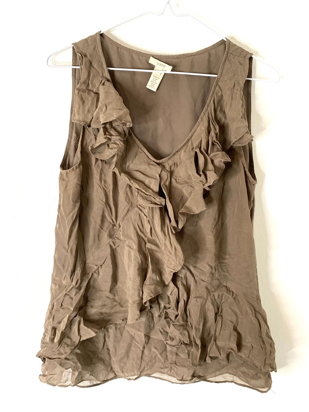 J. Crew 100% Silk Ruffle Front Sleeveless Blouse Taupe Brown Romantic Top
